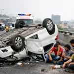 Speeding Car Overturns on Begumpet Flyover in Hyderabad