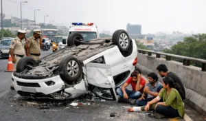 Speeding Car Overturns on Begumpet Flyover in Hyderabad